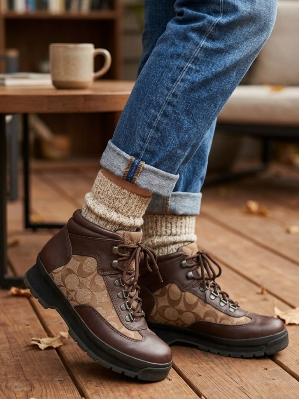 Coach Brown Signature Canvas Leather Hiking Boots Hannah 6.5